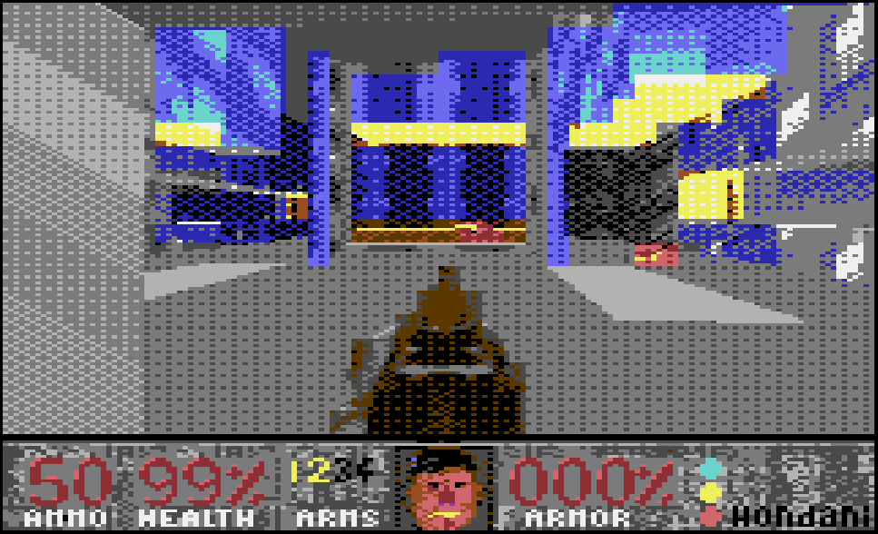 Five-stage pipeline in action: chamber with colored geometry, textures, lighting, and sprites rendered in real-time