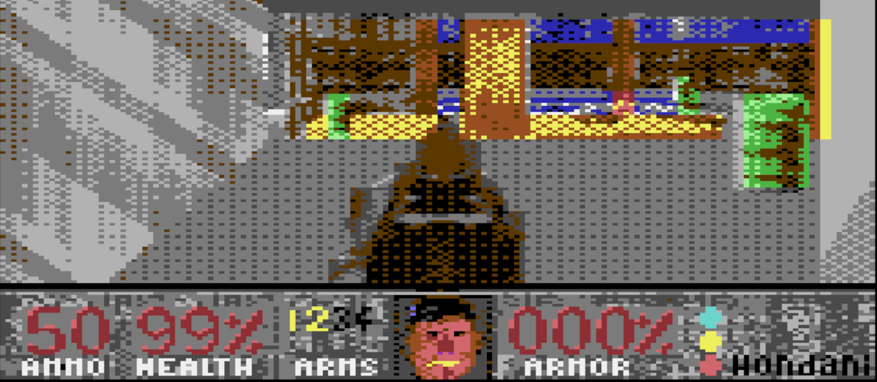 Doom C64U hero shot: corridor with colored doors, textured walls, HUD visible