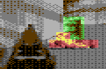 Sprite and geometry close-up: player view, props rendered in scene